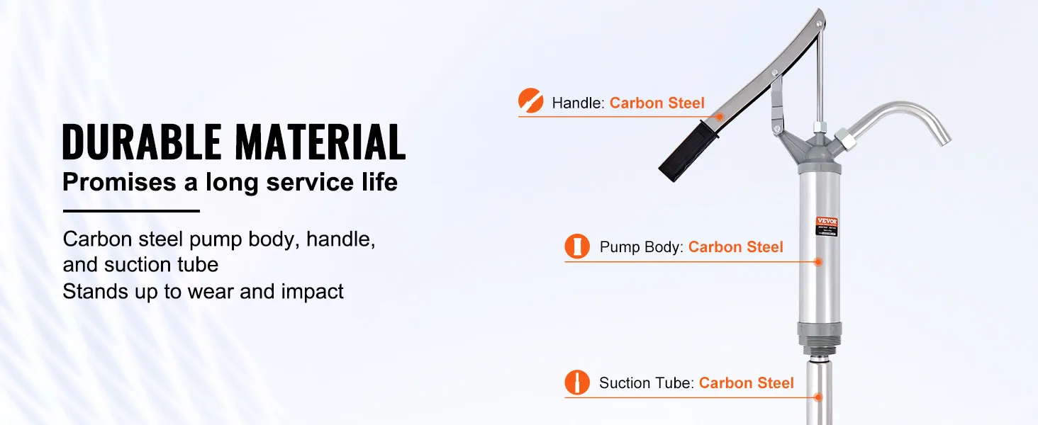 VEVOR-Fasspumpe mit langlebigem Gehäuse, Griff und Saugrohr aus Karbonstahl für lange Lebensdauer.