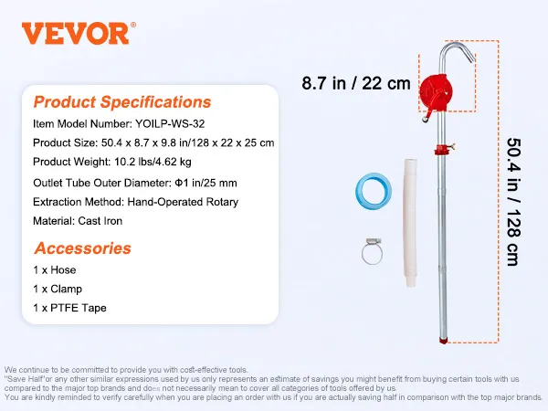 Especificaciones y accesorios de la bomba de tambor VEVOR: manguera, abrazadera, cinta de PTFE, 50,4 x 8,7 x 9,8 pulgadas.