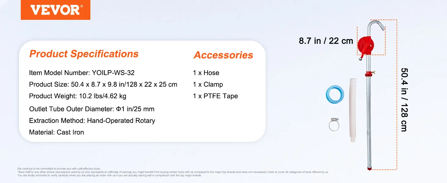 Especificaciones y accesorios de la bomba de tambor VEVOR: manguera, abrazadera, cinta de PTFE, 50,4 x 8,7 x 9,8 pulgadas.