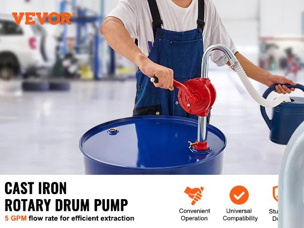 Bomba de tambor VEVOR con caudal de 5 gpm, operación conveniente, compatibilidad universal y diseño resistente.