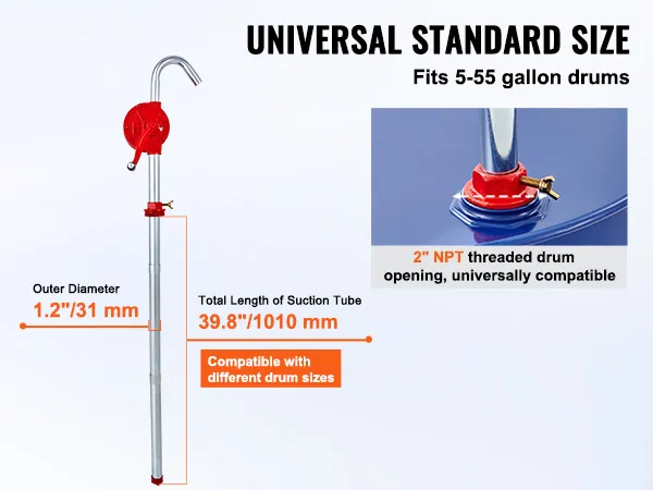 La bomba de tambor VEVOR se adapta a tambores de 5 a 55 galones, tubo de succión de 39,8"/1010 mm, 1,2"/31 mm de diámetro.