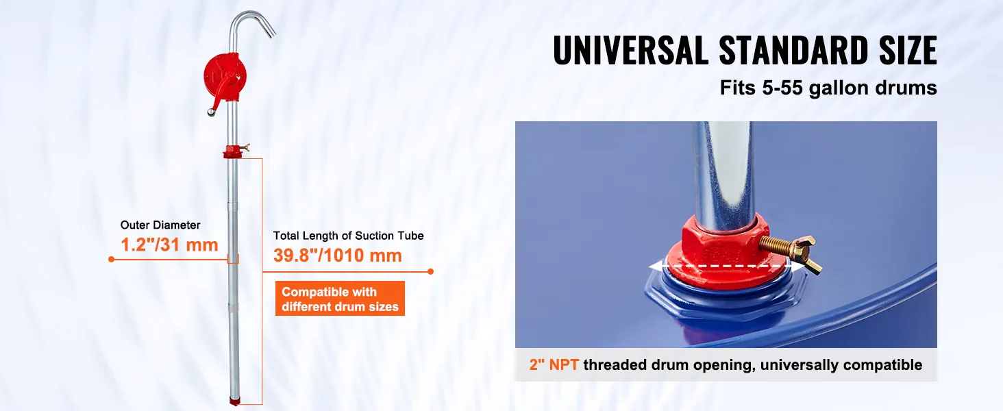 La bomba de tambor VEVOR se adapta a tambores de 5 a 55 galones, tubo de succión de 39,8"/1010 mm, 1,2"/31 mm de diámetro.