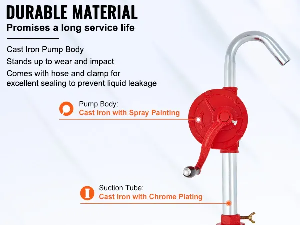 Bomba de tambor VEVOR con cuerpo de hierro fundido, manguera, abrazadera y tubo de succión cromado para mayor durabilidad.
