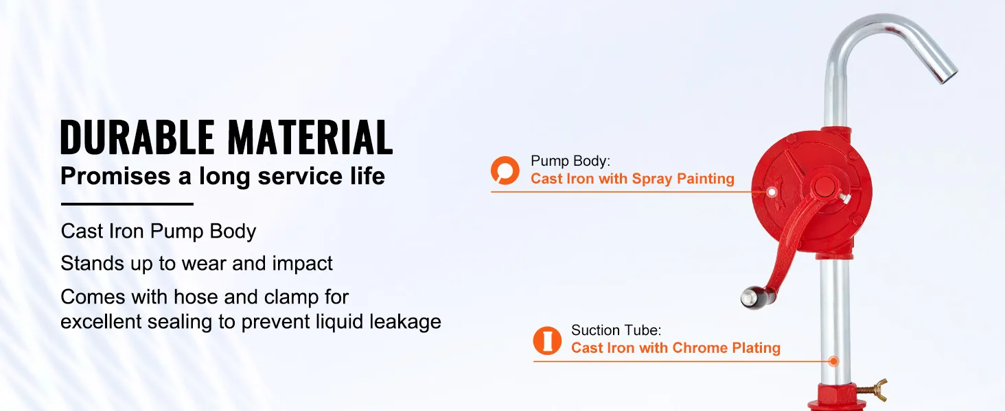 Bomba de tambor VEVOR con cuerpo de hierro fundido, manguera, abrazadera y tubo de succión cromado para mayor durabilidad.