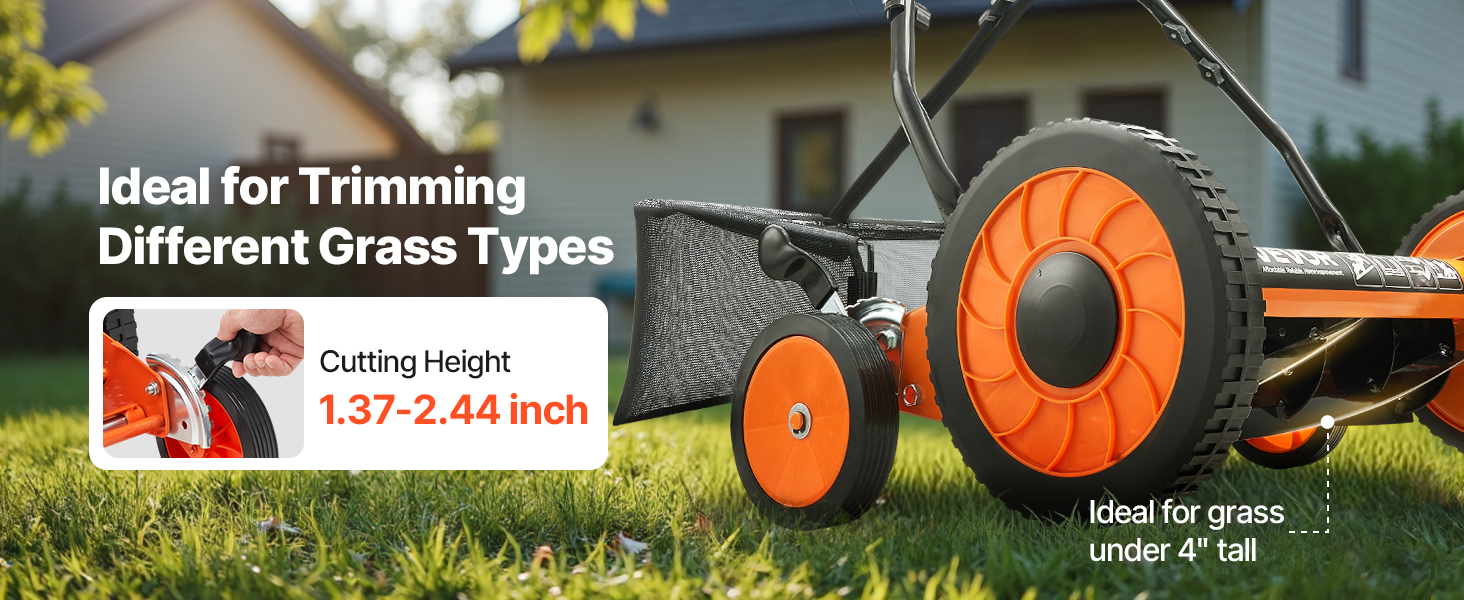 VEVOR - Push Reel Lawn Mower 18 inch, 5 Blades Manual Push Mower No Motor, 1.37-2.44 in Adjustable Cutting Height - Orange+black+white wheels - Thumbnail 2