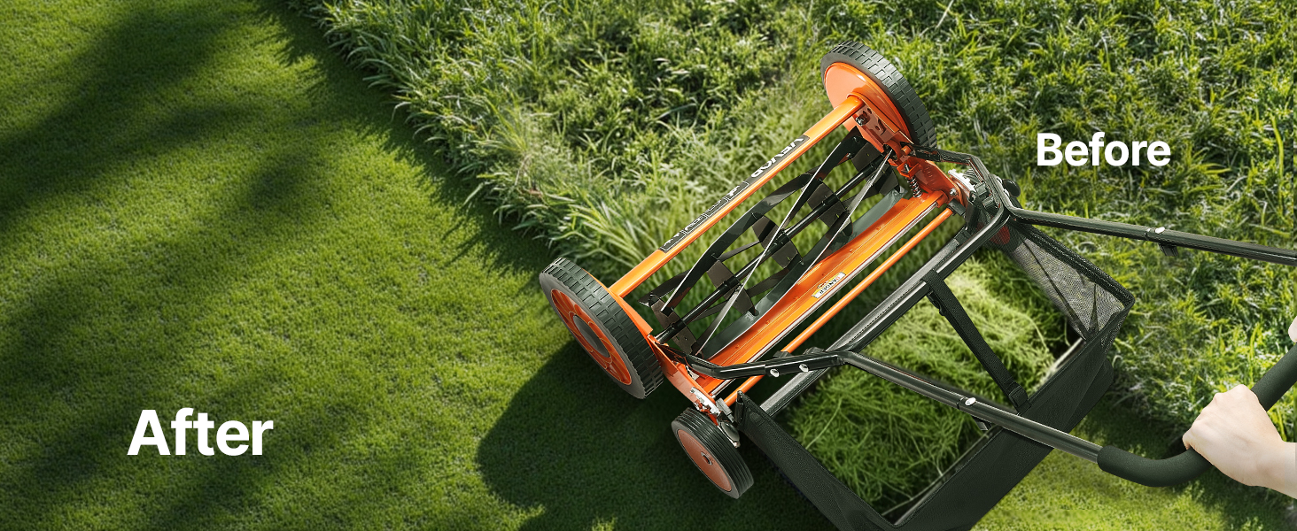 VEVOR - Push Reel Lawn Mower 18 inch, 5 Blades Manual Push Mower No Motor, 1.37-2.44 in Adjustable Cutting Height - Orange+black+white wheels - Thumbnail 3