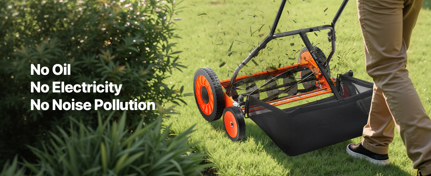 VEVOR - Push Reel Lawn Mower 18 inch, 5 Blades Manual Push Mower No Motor, 1.37-2.44 in Adjustable Cutting Height - Orange+black+white wheels - Thumbnail 5