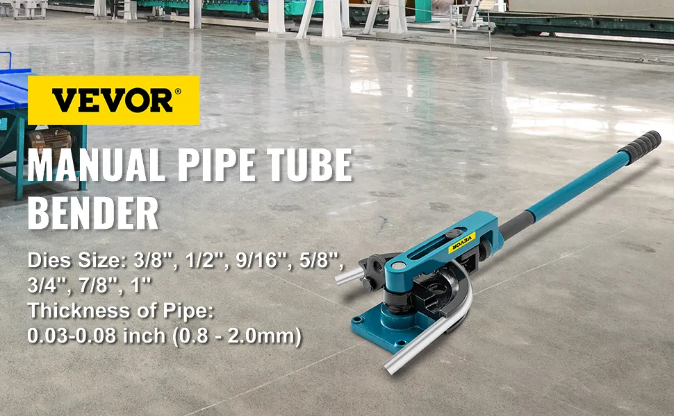 VEVOR pipe tube bender with multiple die sizes on a grey industrial floor.