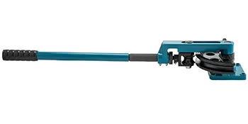 blue and black manual VEVOR pipe tube bender with a long handle on a white background.