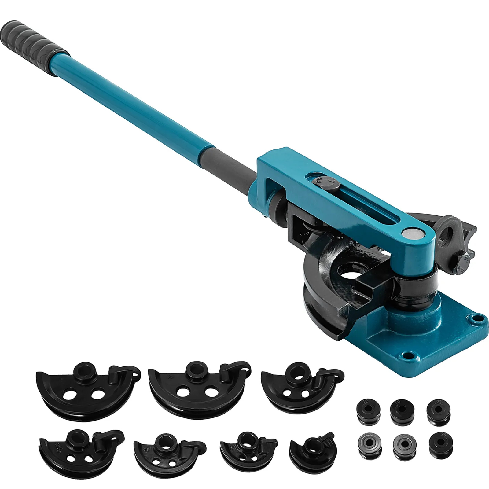 VEVOR pipe tube bender with multiple bending dies and accessories on white background.