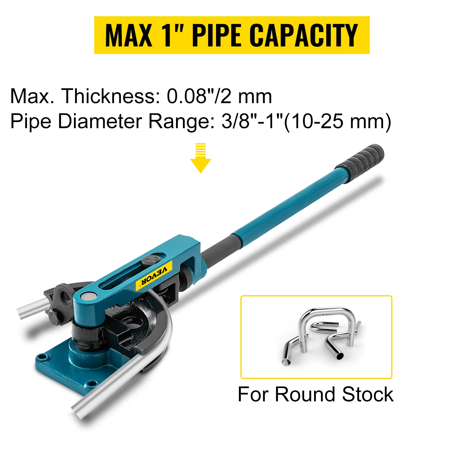 VEVOR pipe tube bender, max 1" capacity, max thickness 0.08"/2 mm, for round stock.