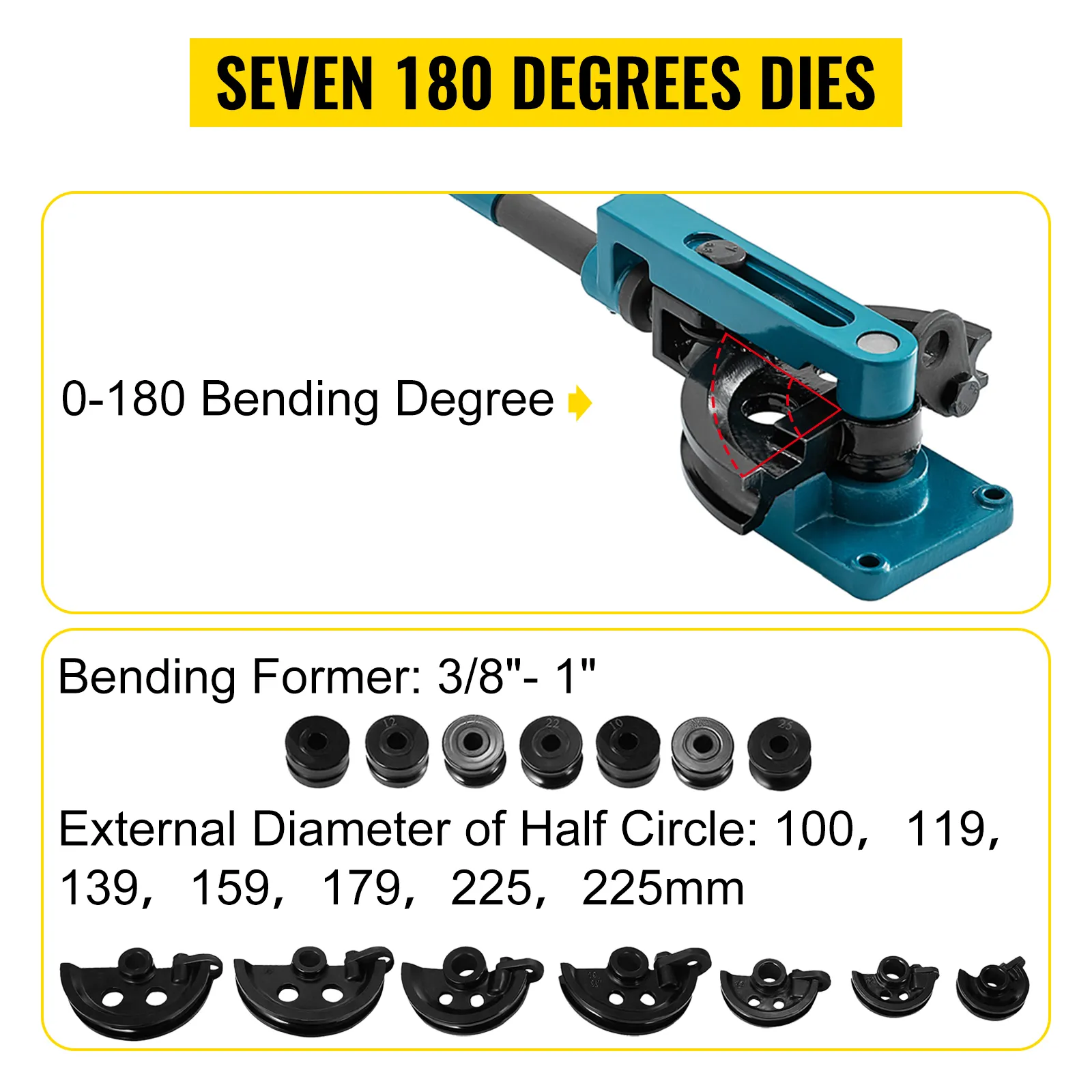 VEVOR pipe tube bender with seven 180-degree dies and bending formers from 3/8" to 1".