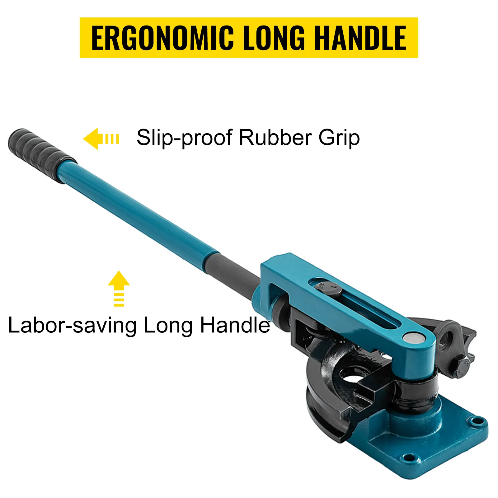 VEVOR pipe tube bender with ergonomic, slip-proof rubber grip and labor-saving long handle.