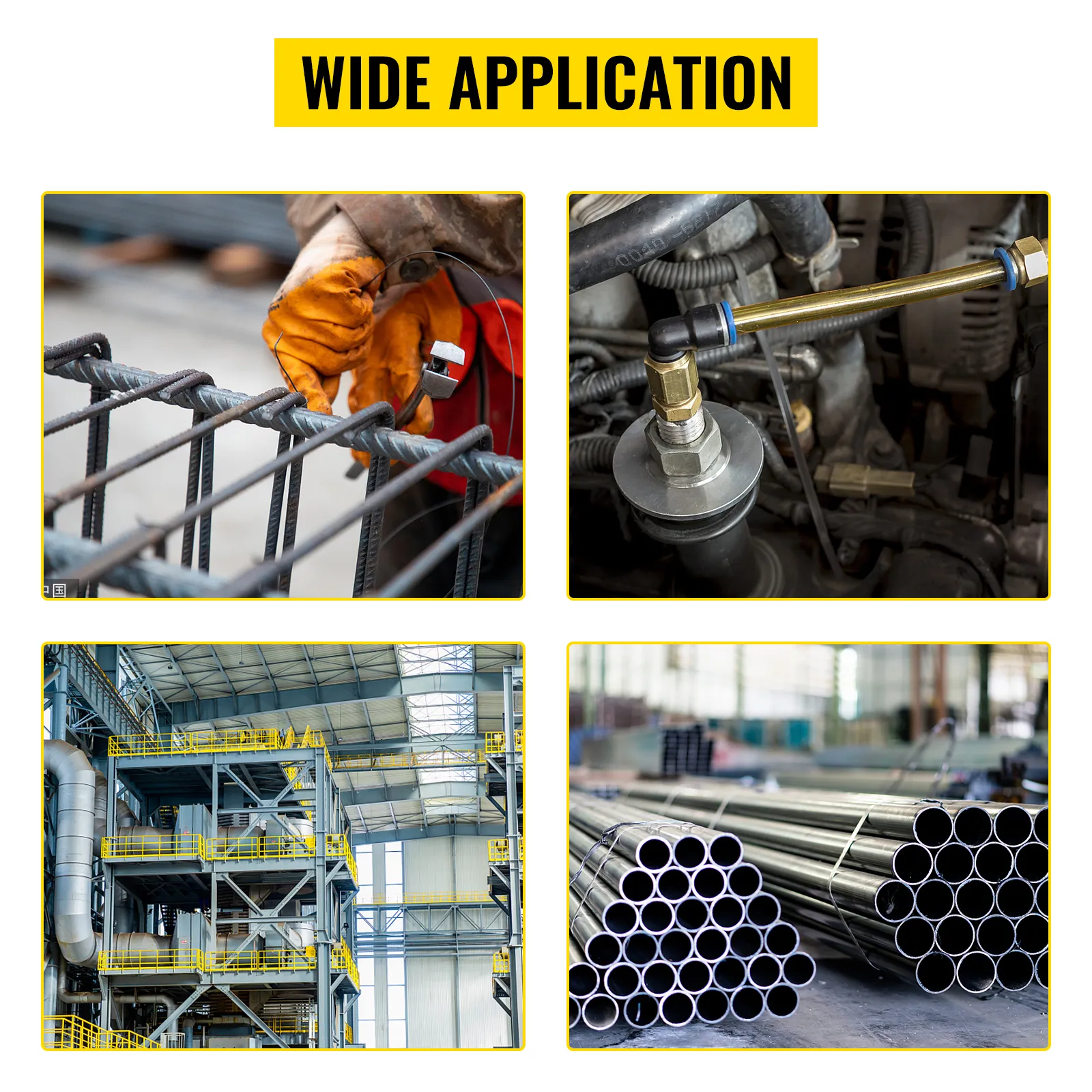 wide application of VEVOR pipe tube bender in construction, automotive, and industrial use.