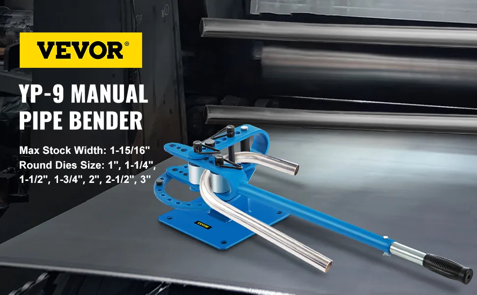 VEVOR metal bender yp-9 manual with various die sizes displayed in a workshop setting.