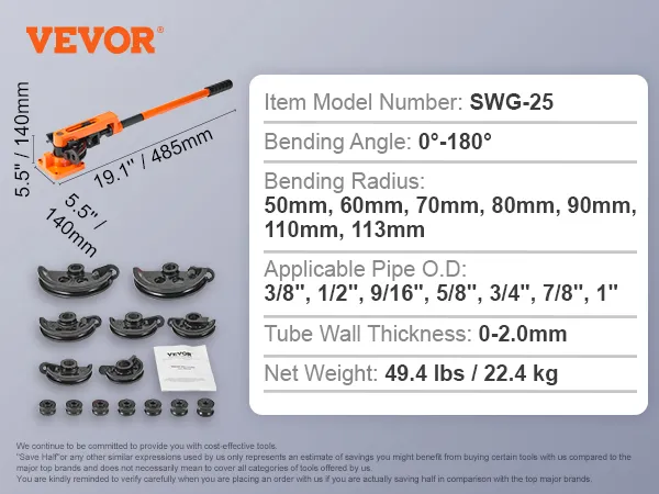 VEVOR pipe bender with multiple dies, 19.1" length, bending angles 0°-180°, suitable for various pipe sizes.