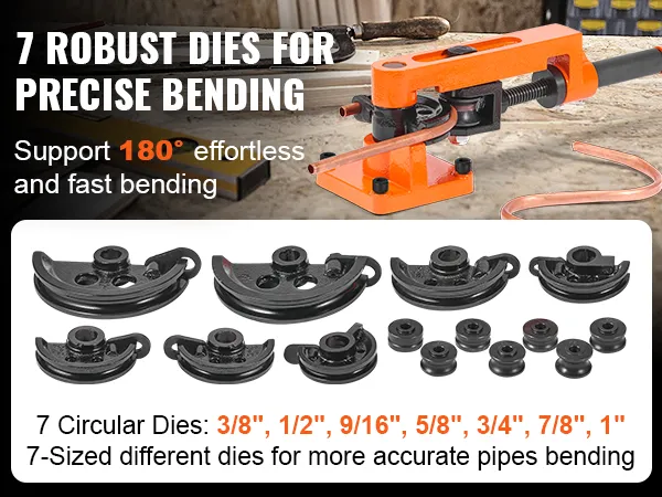 VEVOR pipe bender with 7 robust dies, supporting 180° bending for precise and effortless pipe shaping.
