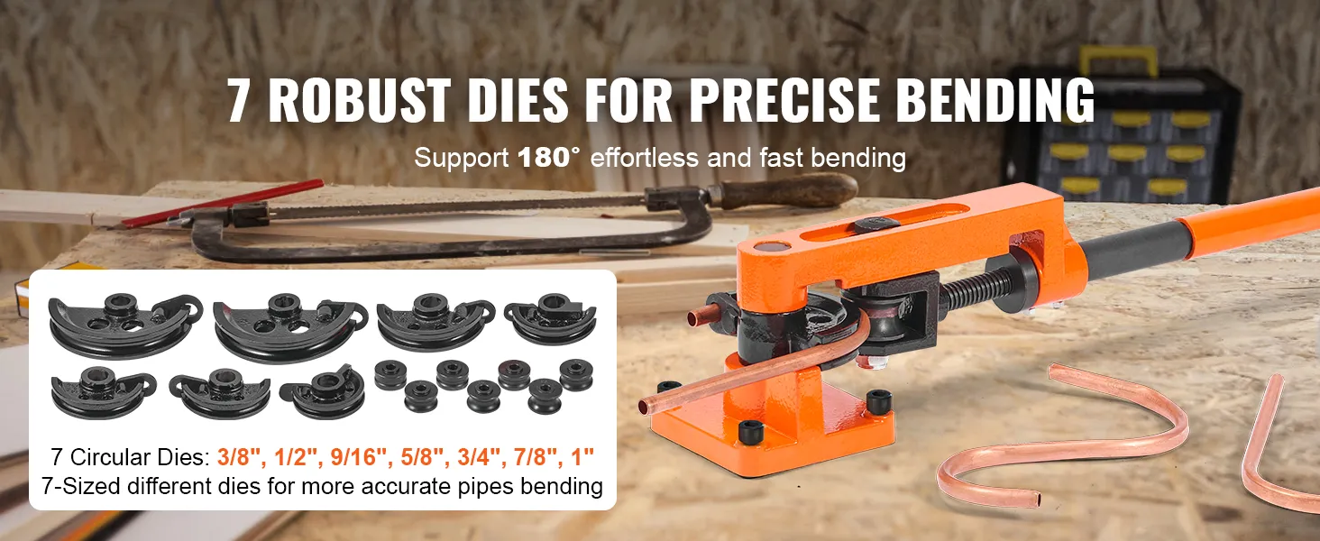 VEVOR pipe bender with 7 robust dies, supporting 180° bending for precise and effortless pipe shaping.