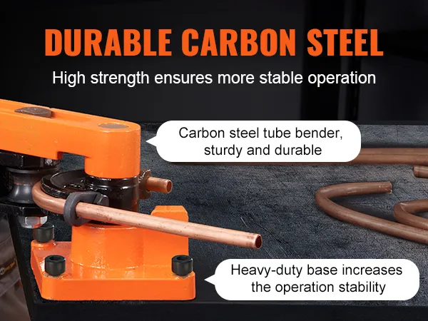 VEVOR pipe bender showcasing durable carbon steel material for stable tube bending operations.