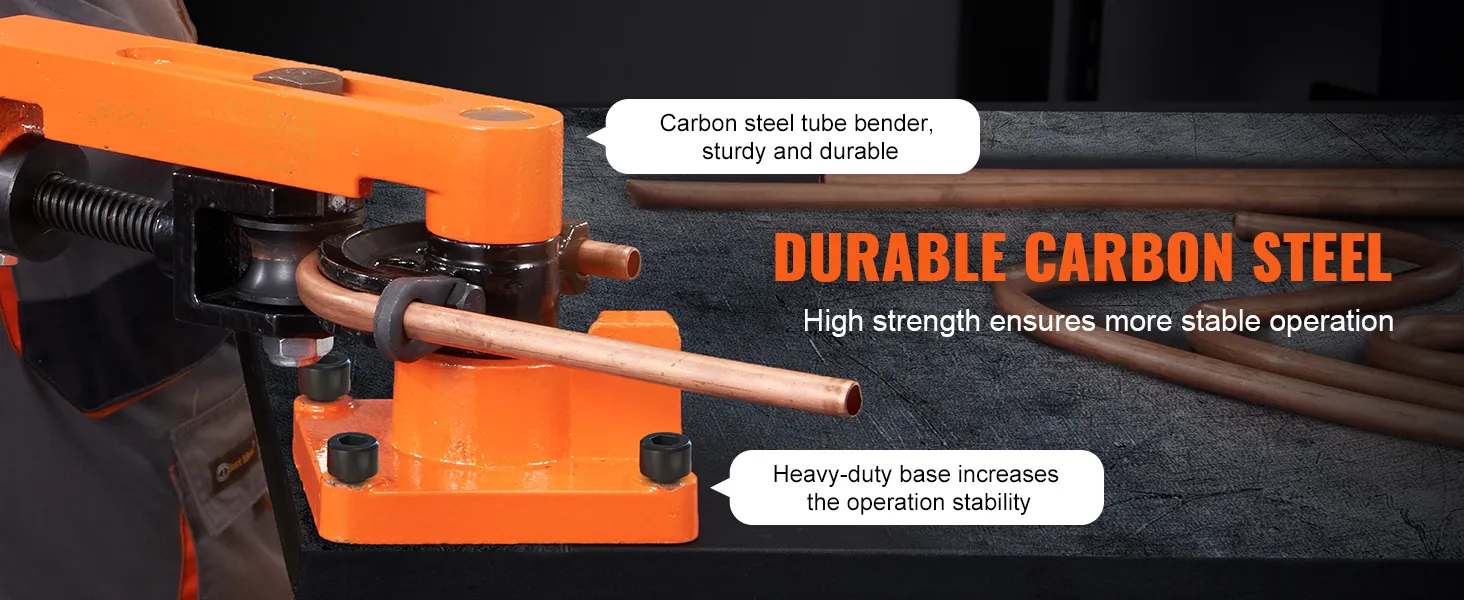 VEVOR pipe bender showcasing durable carbon steel material for stable tube bending operations.