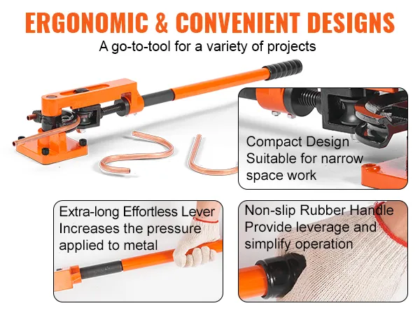 VEVOR pipe bender with ergonomic design, non-slip handle, compact for narrow spaces, and effortless lever.