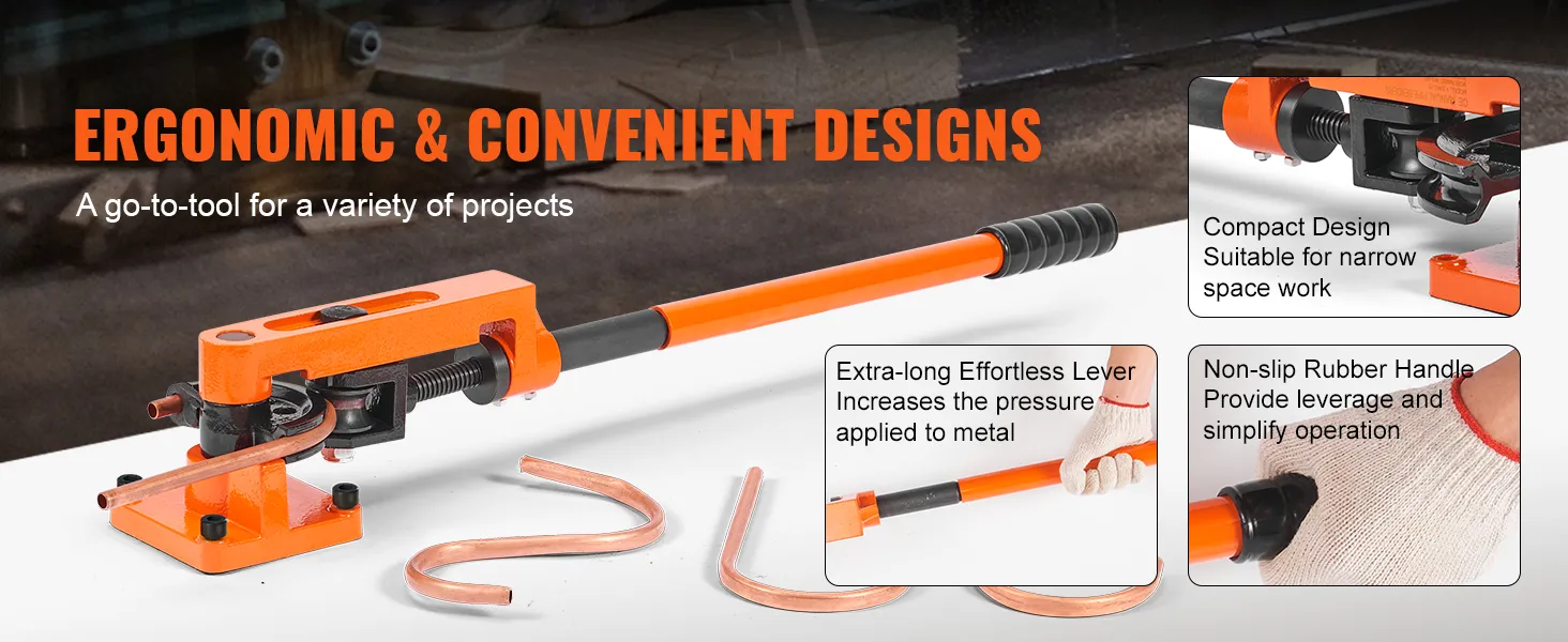 VEVOR pipe bender with ergonomic design, non-slip handle, compact for narrow spaces, and effortless lever.