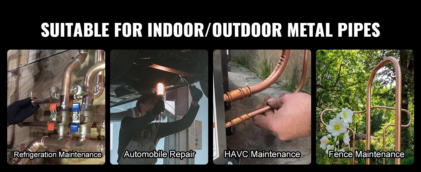 VEVOR pipe bender uses in refrigeration, automobile repair, havc, and fence maintenance.