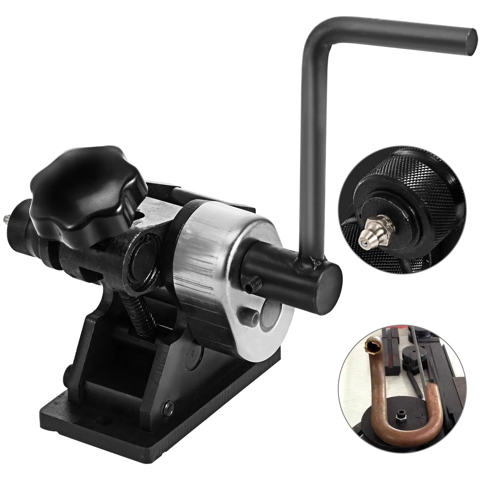 VEVOR ring roller with hand crank and detailed close-ups of components.