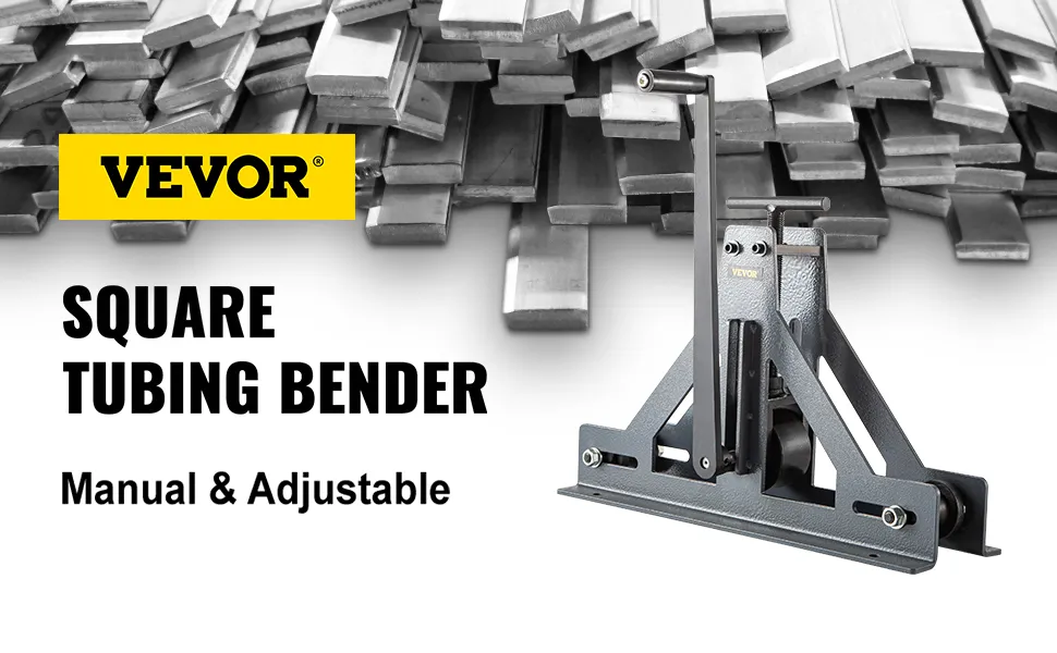 VEVOR tubing roller with square tubing bender and stack of metal tubes in the background.