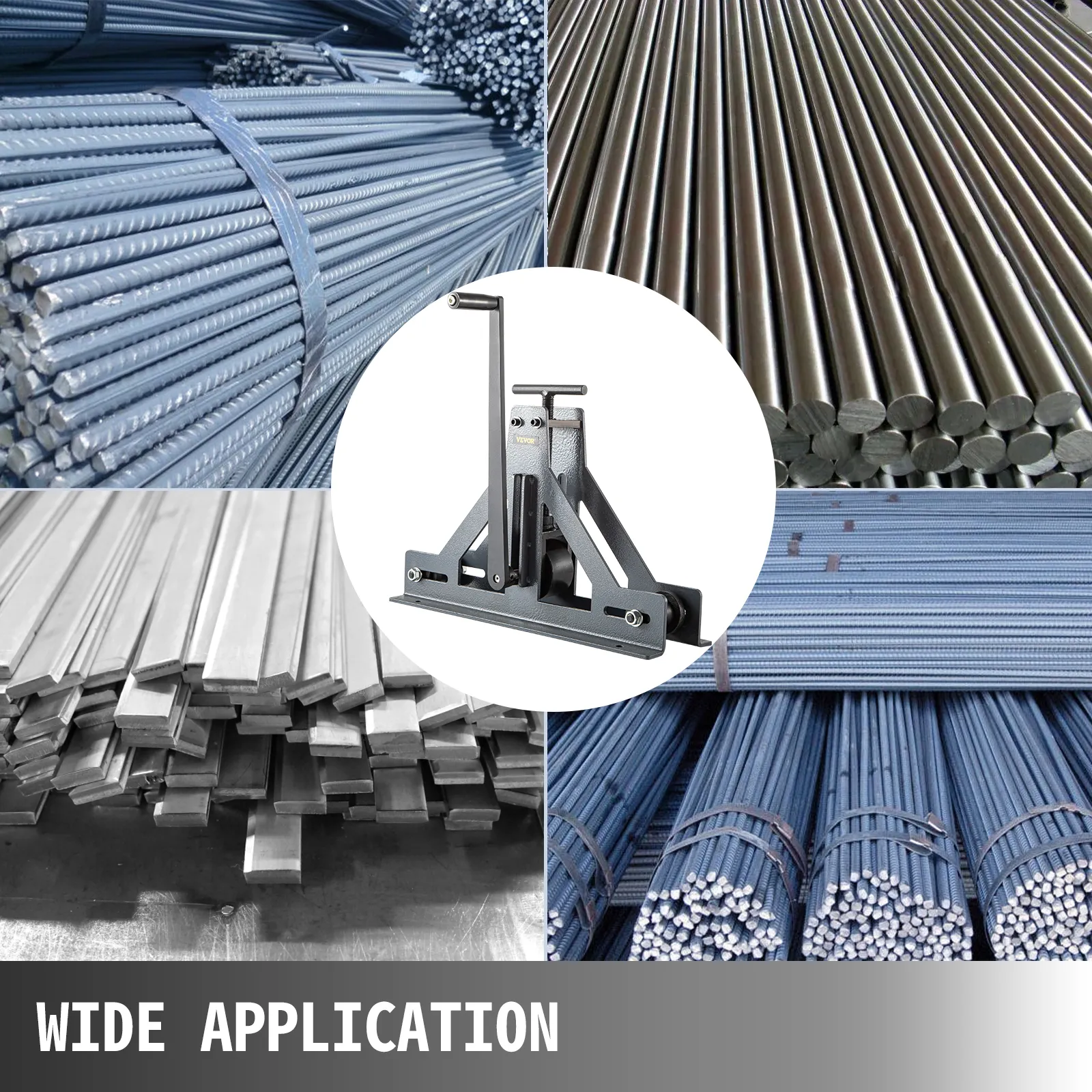 VEVOR tubing roller showcasing metal tubes, rods, and steel bars with wide application.