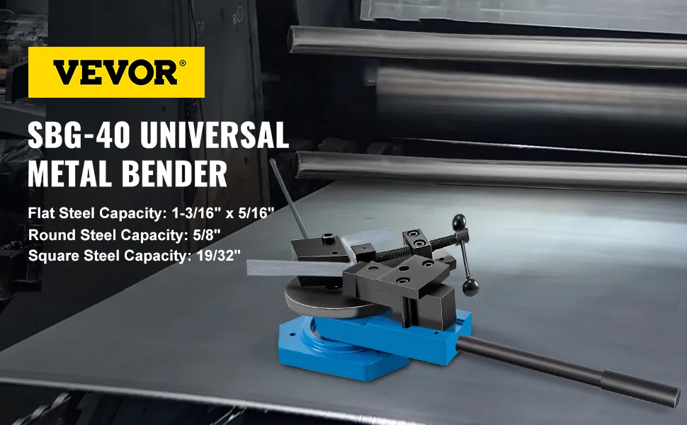 VEVOR metal scroll bender sbg-40 displayed on a metalworking table.