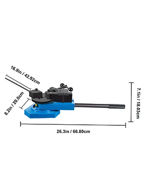 VEVOR metal scroll bender with dimensions labeled in cm and inches.