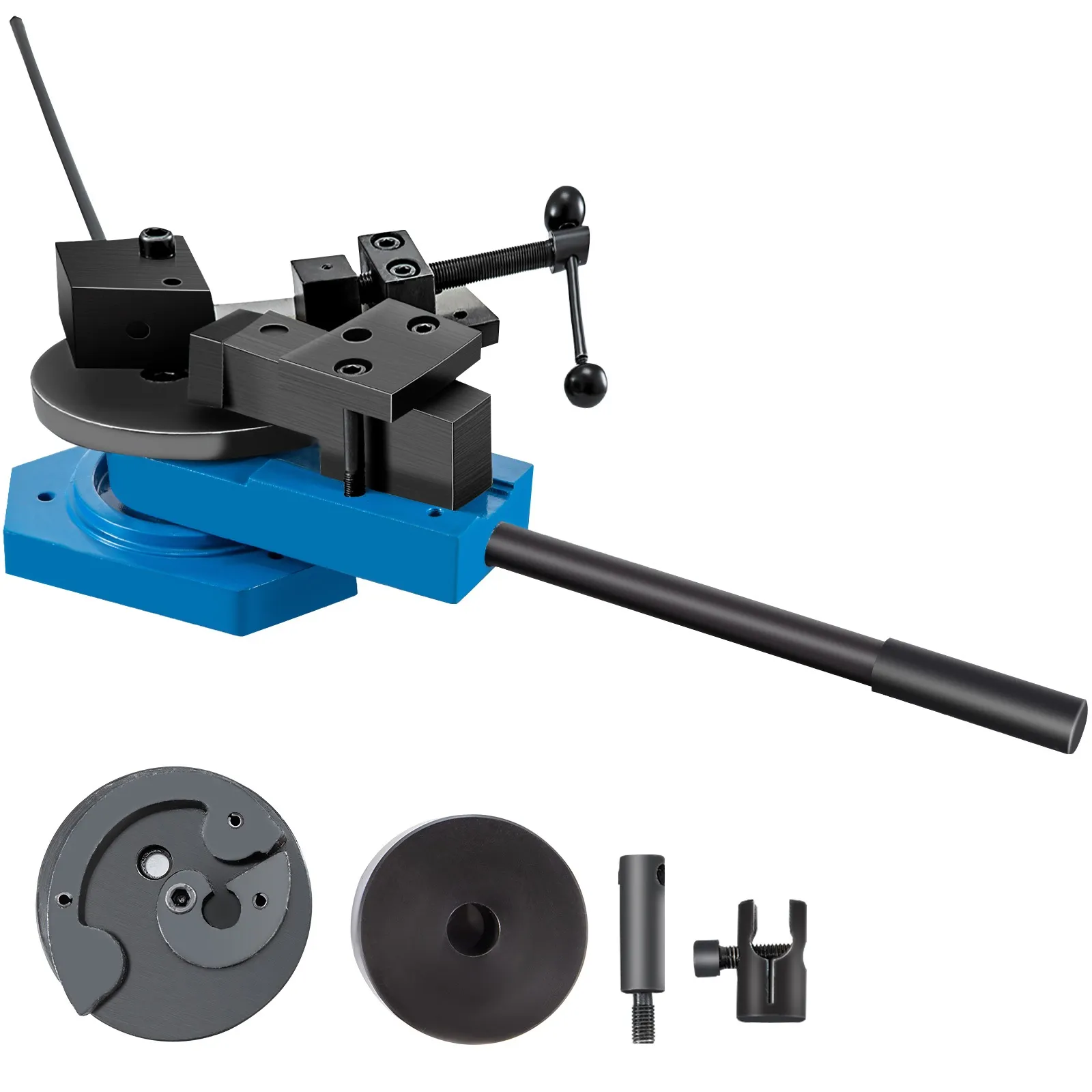 VEVOR metal scroll bender with black and blue components, handle, and accessory set.