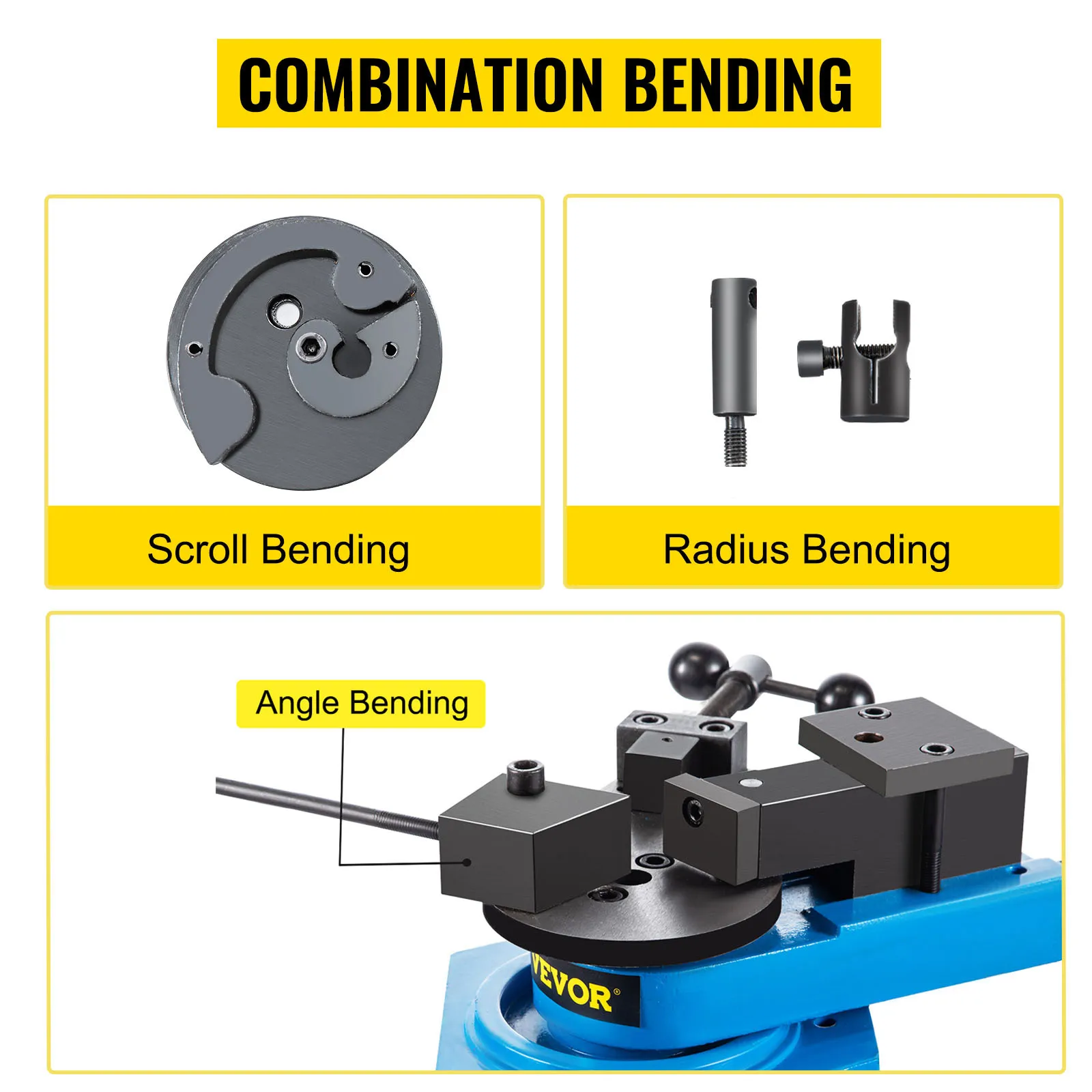 combination bending with VEVOR metal scroll bender showcasing scroll, radius, and angle bending.