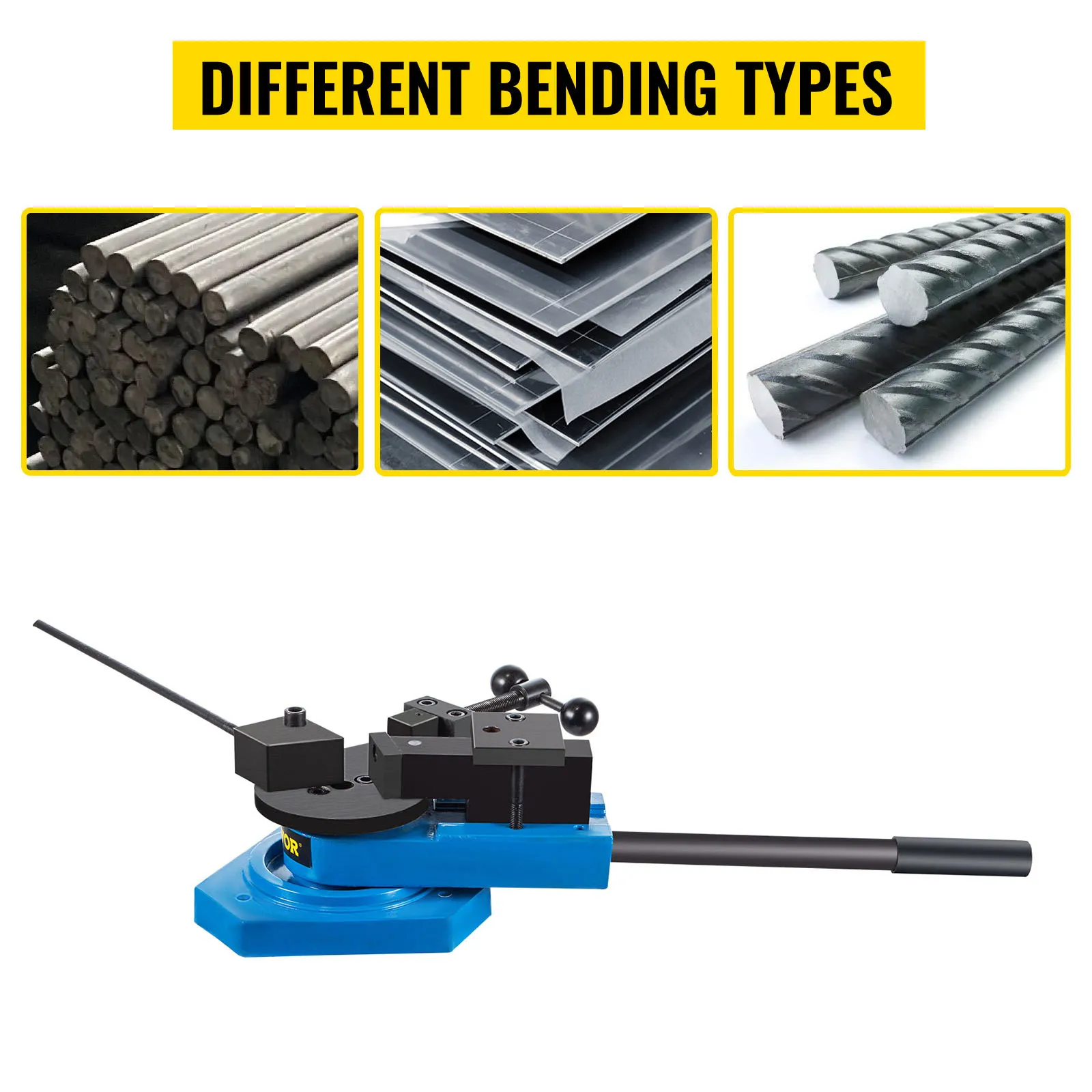 VEVOR metal scroll bender showcasing round, flat, and square stock bending types.