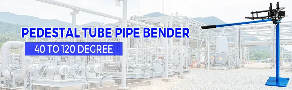 VEVOR tube bender in front of industrial facility, bends 40 to 120 degree angles.