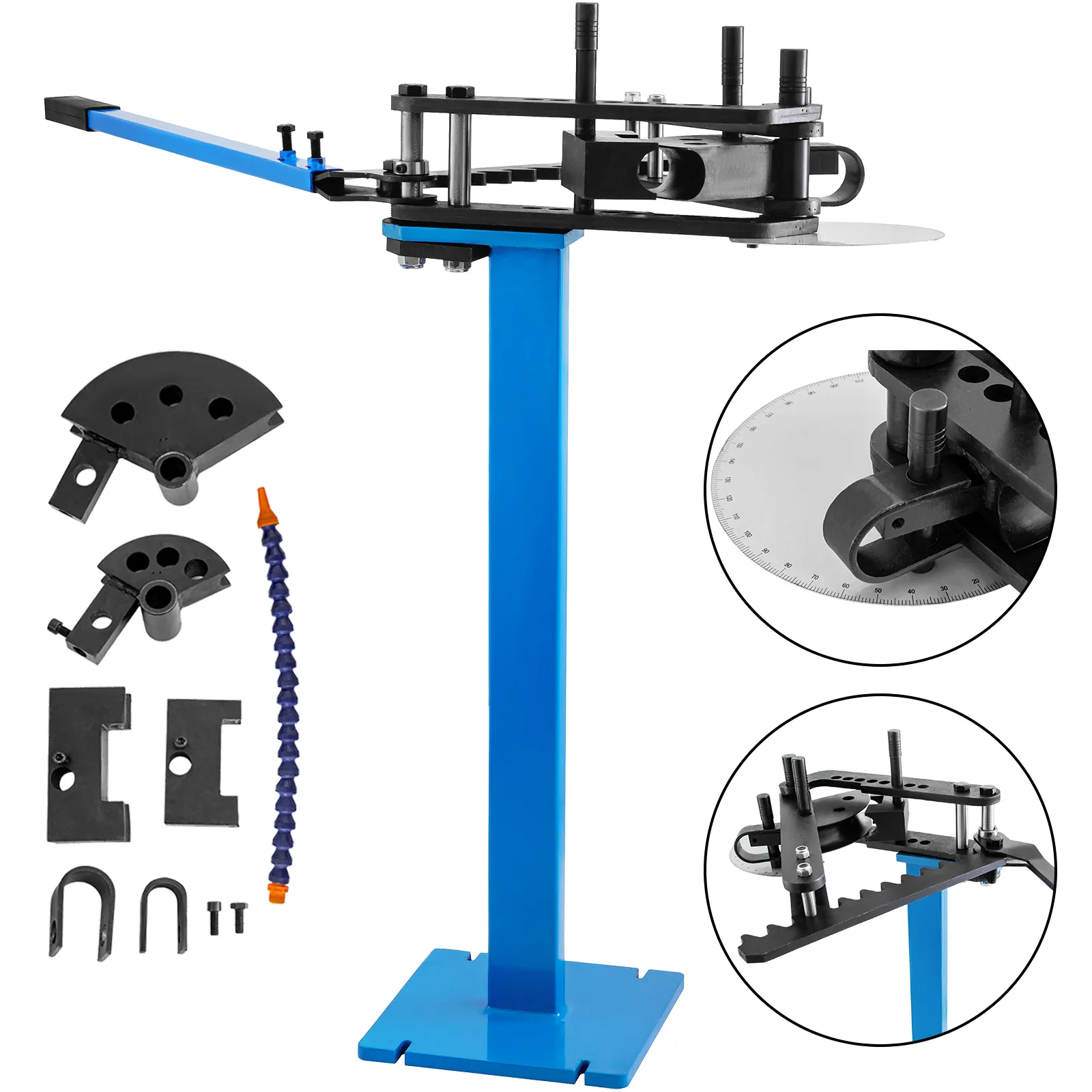 VEVOR tube bender with accessories, adjustable stand, and detailed close-ups.