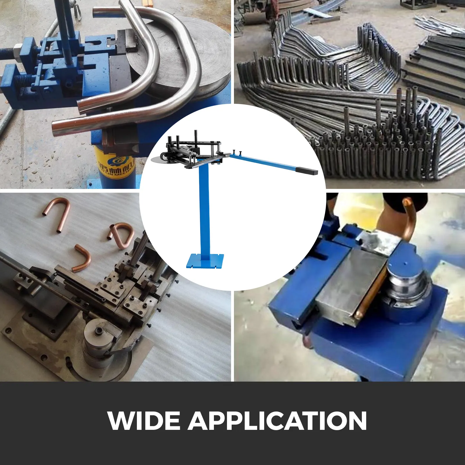 VEVOR tube bender in action with various bent tubes and wide application uses shown.