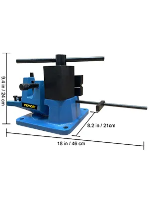 VEVOR rebar bender in blue with dimensions labeled for precise measurements.