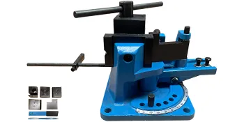 blue VEVOR rebar bender with adjustable levers and angle indicators.
