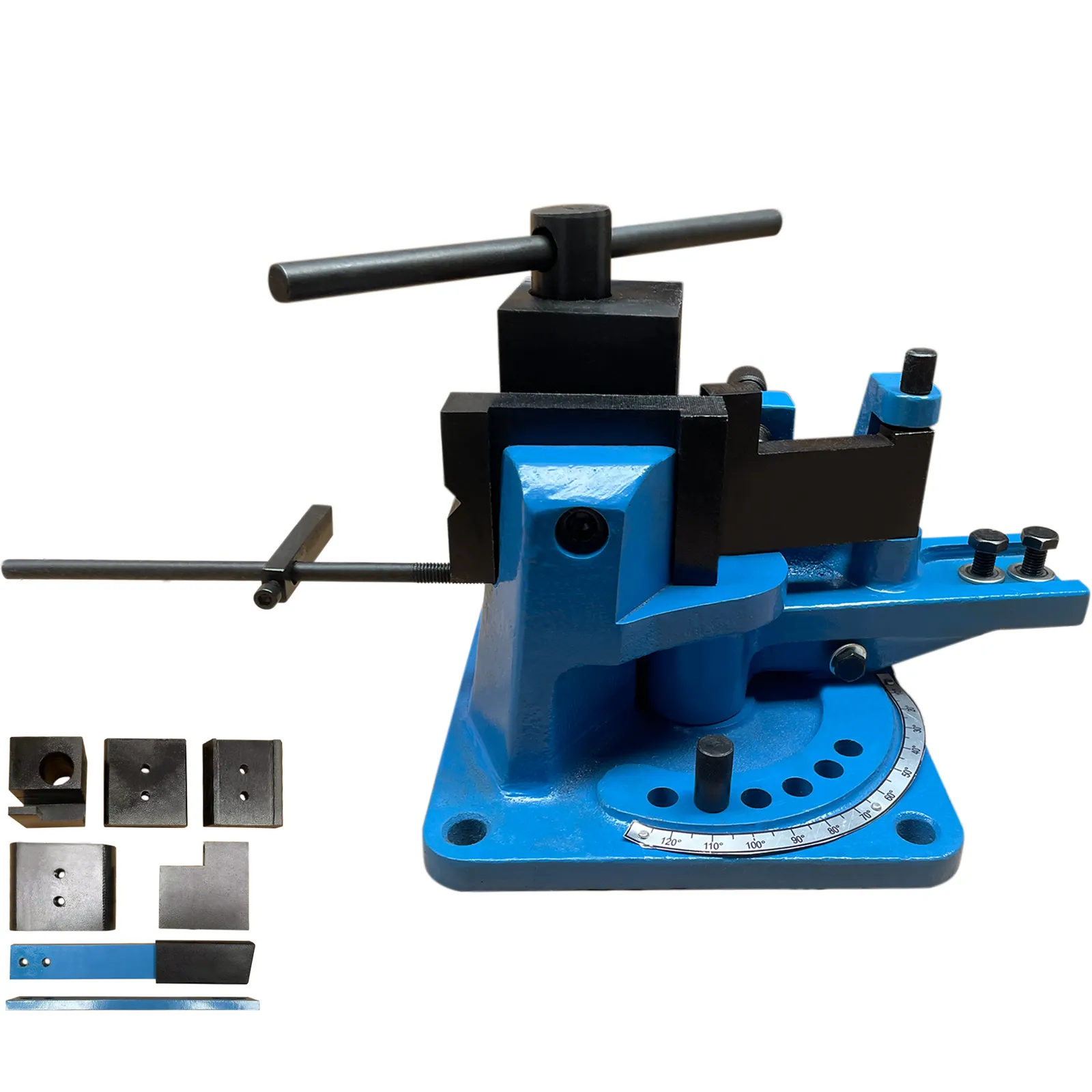 VEVOR rebar bender in blue with multiple metal components and alignment gauge.