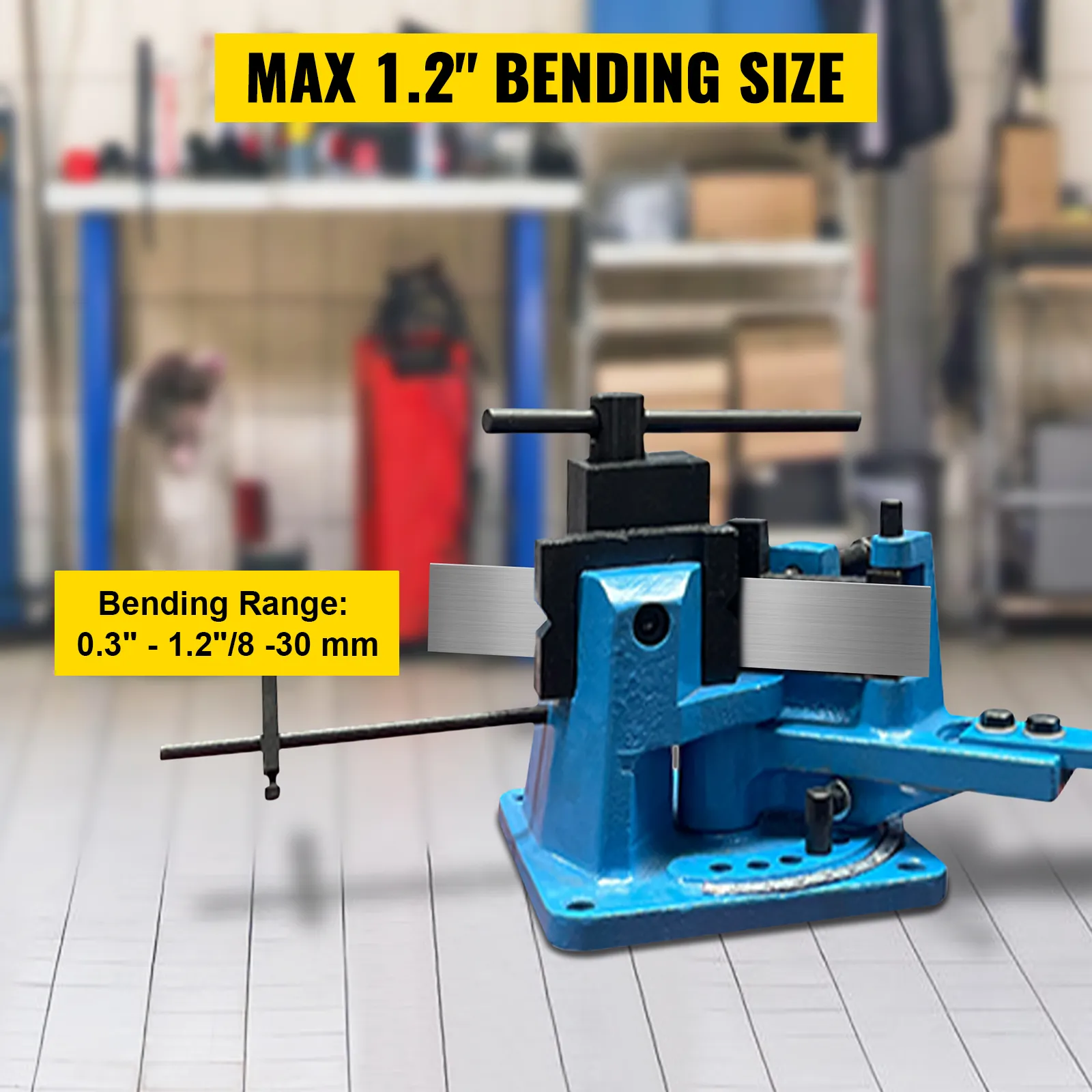 VEVOR rebar bender with max 1.2" bending size, bending range 0.3"-1.2"/8-30 mm.
