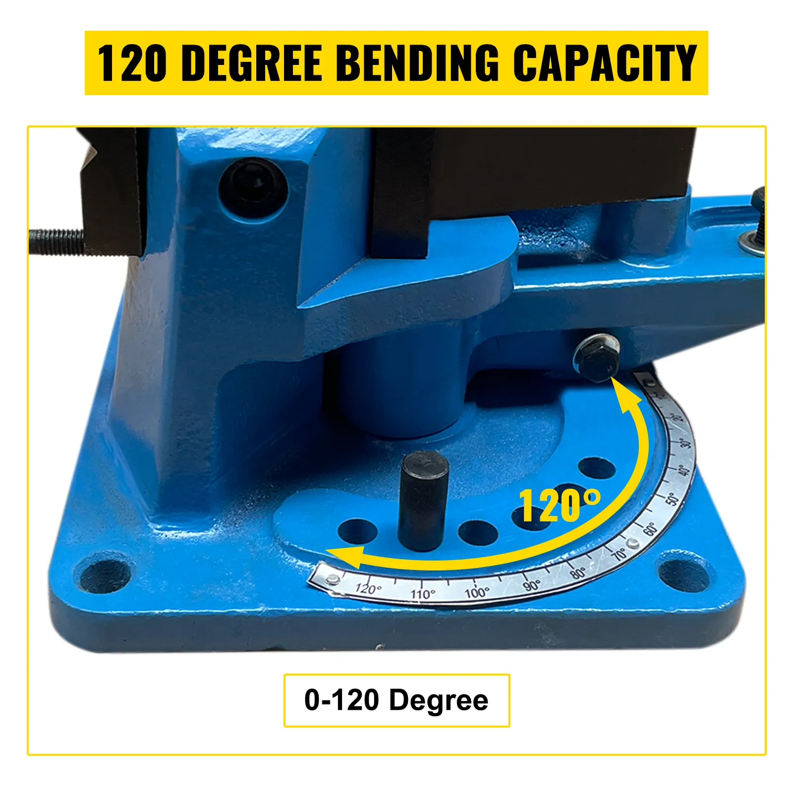 VEVOR rebar bender with 120-degree bending capacity gauge.