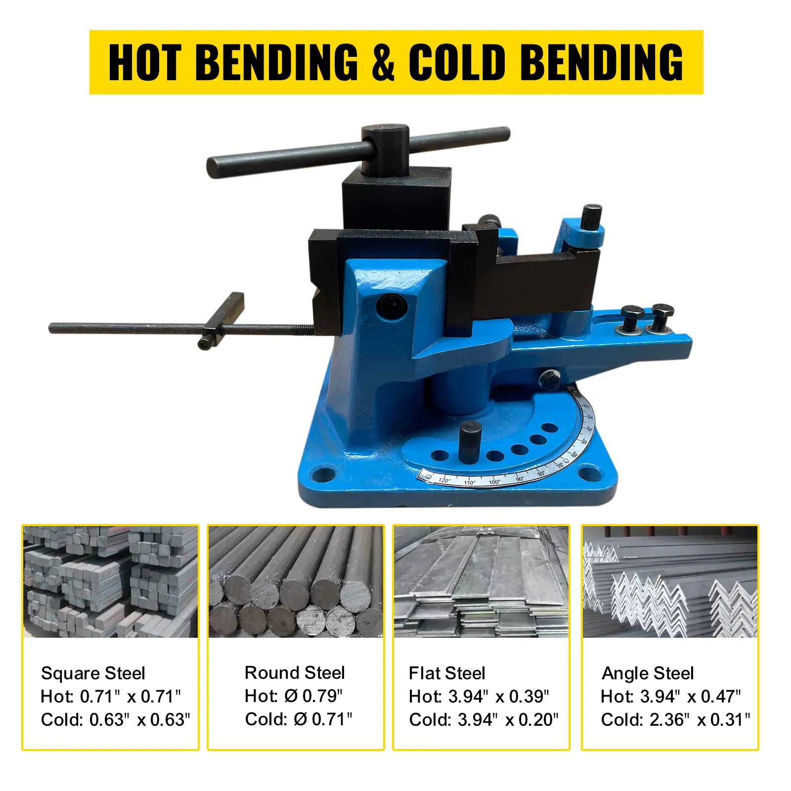 VEVOR rebar bender for hot and cold bending of square, round, flat, and angle steel.