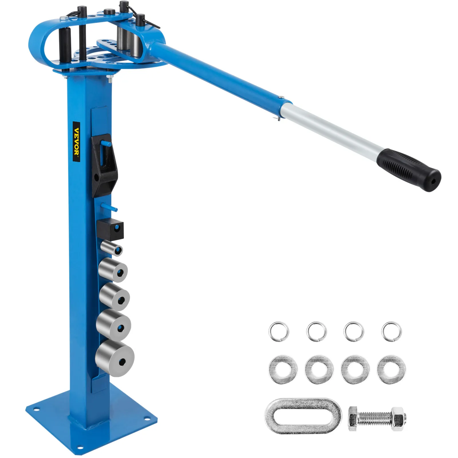 Dobladora de metal VEVOR con mango azul, rodillos de acero y accesorios metálicos adicionales.