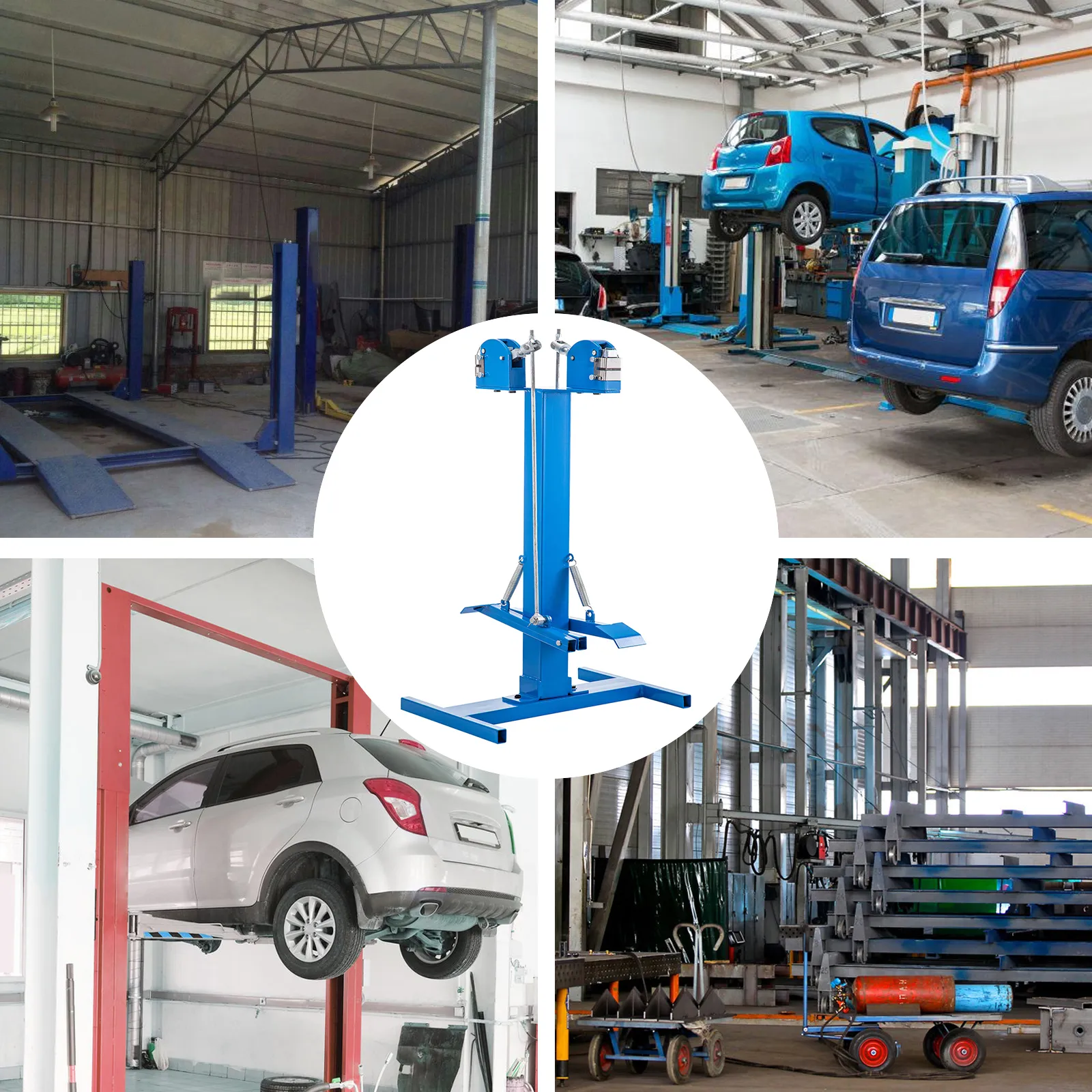 Camilla retráctil de metal VEVOR en taller de automóviles con varios elevadores de vehículos.