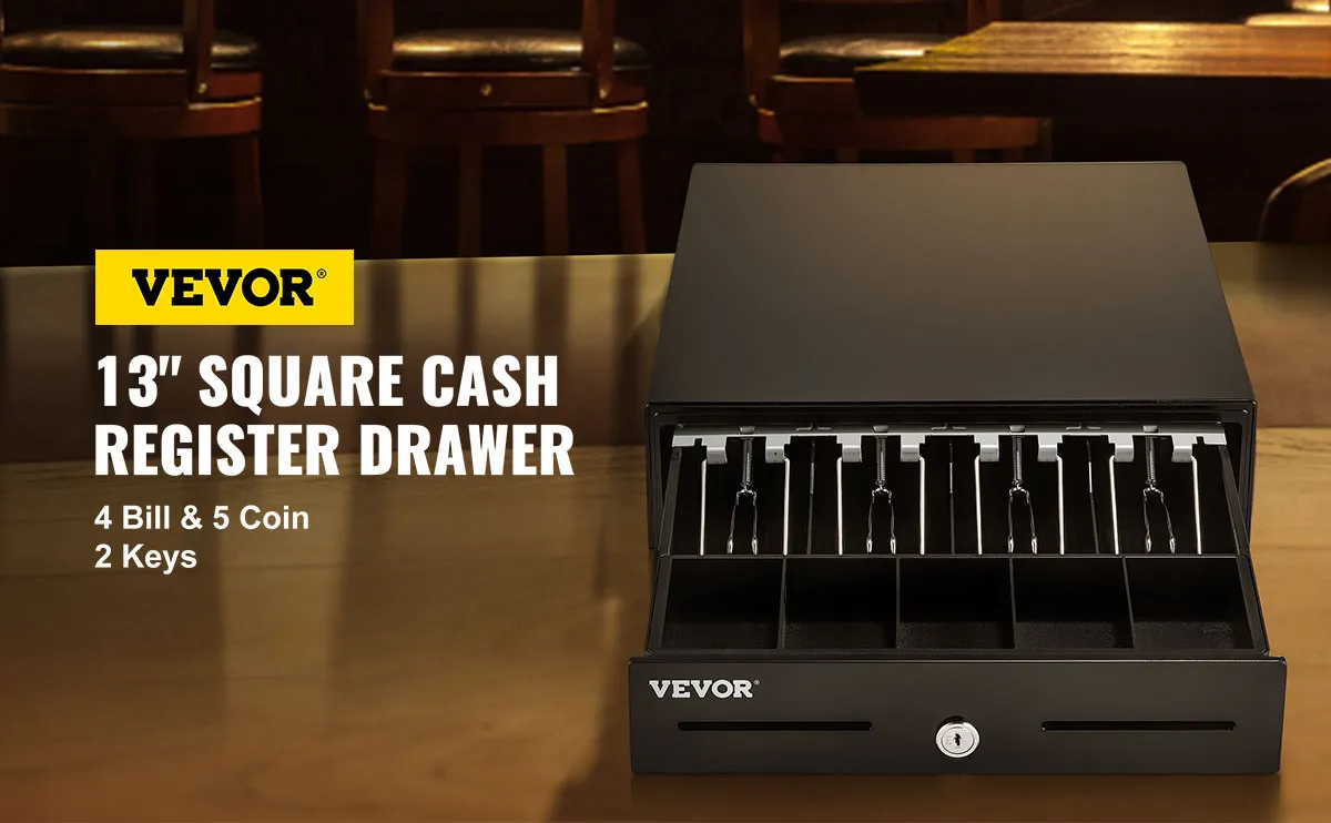 VEVOR cash register drawer, 13-inch, with slots for bills and coins, and two included keys on a wooden counter.