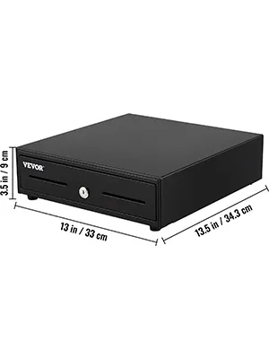black VEVOR cash register drawer with dimensions 13.5x13x3.5 inches (34.3x33x9 cm).