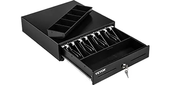 black VEVOR cash register drawer with open compartments and removable coin tray, secured with a key.