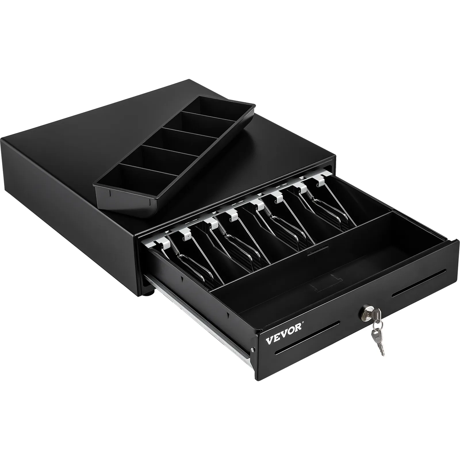 black VEVOR cash register drawer with removable compartments and coin trays, open with visible key lock.